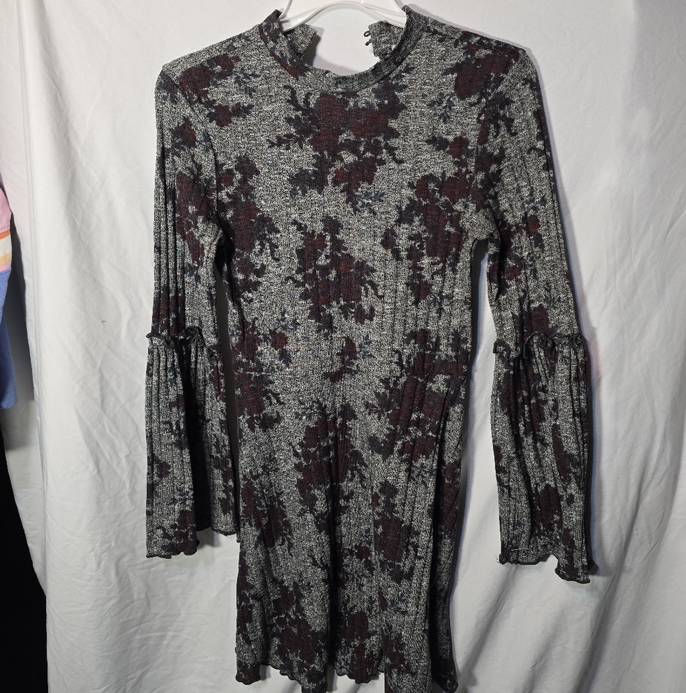 love, Fire Grey Knit Midi Dress with Black and Burgundy Floral Print